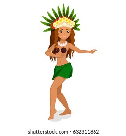 Tahitian female dancer in green pareo and coconut bra and in leaves and flowers crown