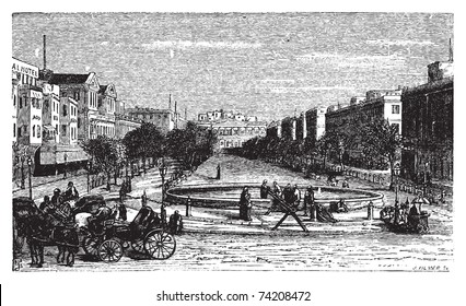 Tahrir Square (formerly Mohammed Ali Square and Place des Consuls), in Alexandria, Egypt. Scenic engraving. Old engraved illustration, around 1890.