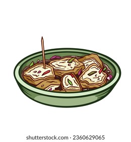 Tahu gejrot indonesian food vector illustration outlined and colored isolated on square white background. Simple flat tofu sweet and salty dish cartoon art styled drawing.