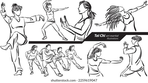 tai chi art martial exercises fitness workout doodle design drawing vector illustration