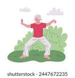 Tai Chi Chinese gymnastic qigong practice. Elderly woman exercising for healthy body, flexibility and wellness. Sport fitness for mature people. Vector illustration of training on nature background