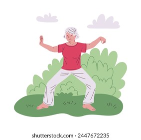 Tai Chi Chinese gymnastic qigong practice. Elderly woman exercising for healthy body, flexibility and wellness. Sport fitness for mature people. Vector illustration of training on nature background