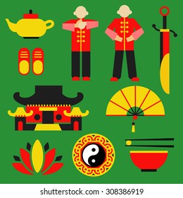 Tai chi chuan icon vector set.Teapot, kungfu, sword, building, lotus, rice on green background.