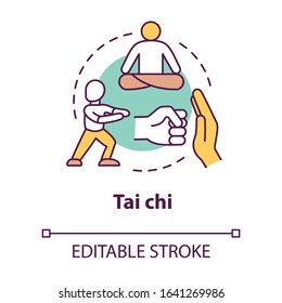 Tai chi concept icon. Traditional chinese martial art idea thin line illustration. Oriental practice, defence training and meditation. Vector isolated outline RGB color drawing. Editable stroke