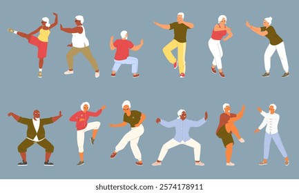 Tai chi elder people characters isolated set