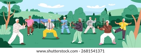 Tai chi group exercising in nature, park. Senior old people during outdoor qigong class. Asian elderly at Chinese gymnastics training, wellness and body health workout. Flat vector illustration