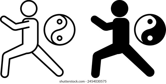 Tai Chi icons. Black and White Vector Icons. A man does health-improving exercises. Symbol of Yin and Yang. Alternative Medicine. Healthy lifestyle. Wellness Concept