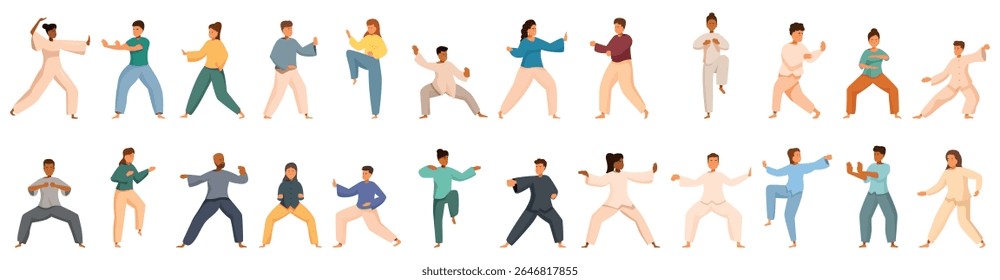  Conjunto de ícones Tai chi. Grupo diversificado de pessoas praticando tai chi chuan, com foco em seus movimentos e equilíbrio
