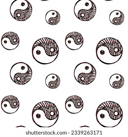 Tai chi ink brush logo pattern for textile or paper. Vector illustration seamless background