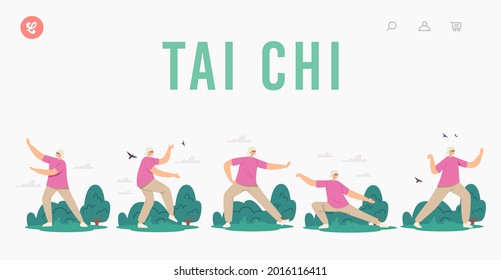 Tai Chi Landing Page Template. Elderly Woman Exercising for Healthy Body, Flexibility and Wellness. Senior Character Morning Workout at City Park, Classes for Aged People. Cartoon Vector Illustration