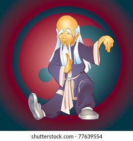 Tai Chi Master.Vector Illustration of an asian expert of tai chi martial art in a typical body position against Yin-Yang symbol