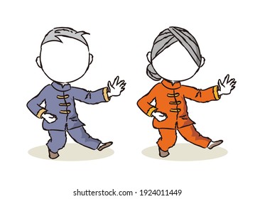 Tai Chi pose - Elderly pair  enjoying exercise. Vector illustration that does not display face and skin color 