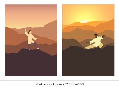 Tai chi poster. Woman and man practicing qigong. Flat vector illustration isolated on white background. Sport and healthy life concept. 