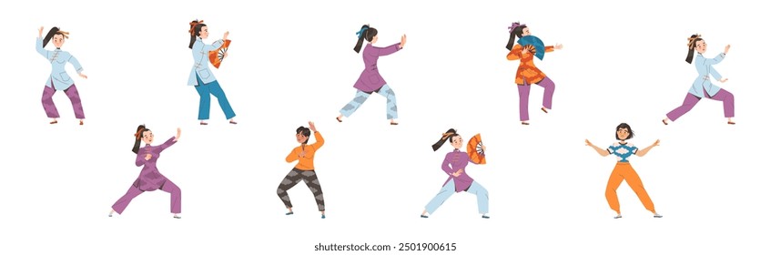 Tai Chi Übung mit Mann und Frau tun Qigong Übung als interne chinesische Kampfkunst Vektor Illustration Set