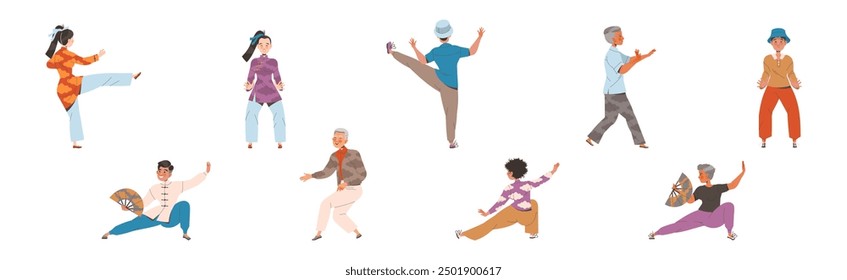 Tai Chi Übung mit Mann und Frau tun Qigong Übung als interne chinesische Kampfkunst Vektor Illustration Set