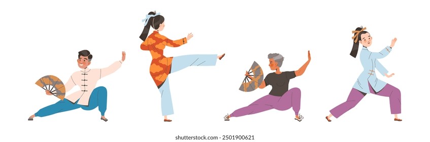 Práctica de Tai Chi con hombre y mujer haciendo ejercicio de Qigong como conjunto de Ilustración vectorial de arte marcial chino interno