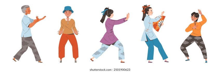 Práctica de Tai Chi con hombre y mujer haciendo ejercicio de Qigong como conjunto de Ilustración vectorial de arte marcial chino interno