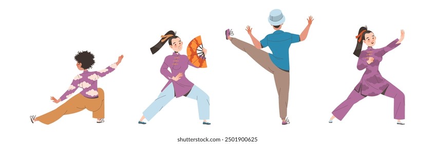 Tai Chi Practice with Man and Woman Doing Qigong Exercise as Internal Chinese Martial Art Vector Illustration Set