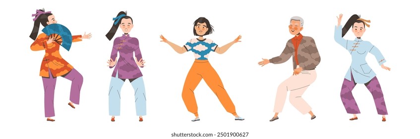 Práctica de Tai Chi con hombre y mujer haciendo ejercicio de Qigong como conjunto de Ilustración vectorial de arte marcial chino interno