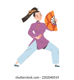 Tai Chi Practice with Woman in Kimono with Fan Doing Qigong Exercise as Internal Chinese Martial Art Vector Illustration