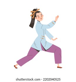 Tai Chi Practice with Woman in Kimono Doing Qigong Exercise as Internal Chinese Martial Art Vector Illustration