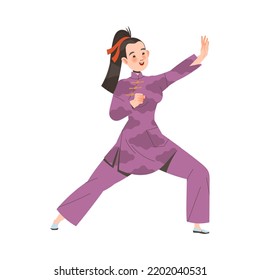 Tai Chi Practice with Woman in Kimono Doing Qigong Exercise as Internal Chinese Martial Art Vector Illustration