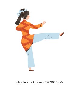 Tai Chi Practice with Woman in Kimono Doing Qigong Exercise as Internal Chinese Martial Art Vector Illustration