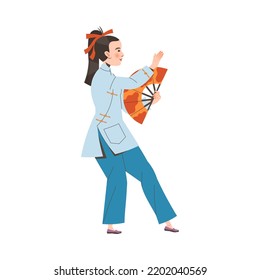 Tai Chi Practice with Woman in Kimono with Fan Doing Qigong Exercise as Internal Chinese Martial Art Vector Illustration