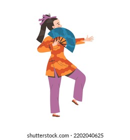 Tai Chi Practice with Woman in Kimono with Fan Doing Qigong Exercise as Internal Chinese Martial Art Vector Illustration