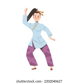 Tai Chi Practice with Woman in Kimono Doing Qigong Exercise as Internal Chinese Martial Art Vector Illustration