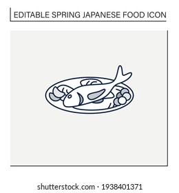 Tai Line Icon. Traditional Dish Popular In May. Sweet Waffle Fish On Plate. Spring Japanese Food Concept. Isolated Vector Illustration.Editable Stroke