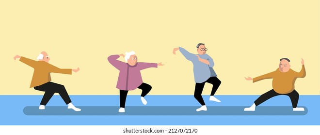 Taichi wushu kungfu fitness healthy activities grandfather adult cartoon flat design vector illustration