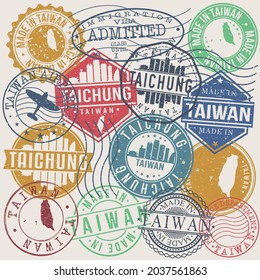 Taichung, North District, Taichung City, Taiwan Set of Stamps. Travel Stamp. Made In Product. Design Seals Old Style Insignia.