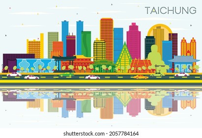 Taichung Taiwan City Skyline with Color Buildings, Blue Sky and Reflections. Vector Illustration. Travel and Tourism Concept with Historic Architecture. Taichung China Cityscape with Landmarks. 