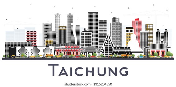 Taichung Taiwan City Skyline with Gray Buildings Isolated on White. Vector Illustration. Travel and Tourism Concept with Historic Architecture. Taichung China Cityscape with Landmarks.