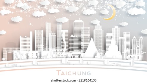 Taichung Taiwan City Skyline in Paper Cut Style with White Buildings, Moon and Neon Garland. Vector Illustration. Travel and Tourism Concept. Taichung Cityscape with Landmarks.