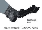 Taichung vector map. Detailed vector map of Taichung city administrative area. Cityscape poster metropolitan aria view. Black land with white roads and avenues. White background.
