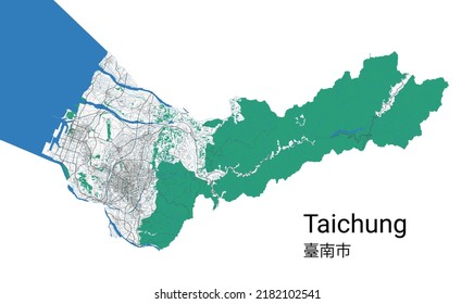 Taichung vector map. Detailed map of Taichung city administrative area. Cityscape panorama. Royalty free vector illustration. Road map with highways, rivers.