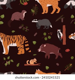 Taiga Flora und Fauna auf Vektornahtlosem Muster. Cartoon Nördliche Wildtiere Luchs, Otter, Wolverine, Wildschweine, Badger, Amur-Tiger. Zweige Nadelbaum mit Nadeln und Kegel