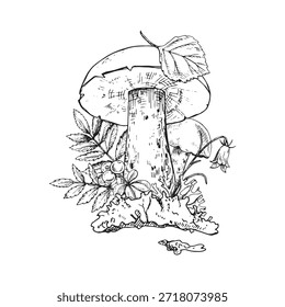 Taiga Forest Botanical composition. Hand drawn mushrooms, leaves, berries, flower and moss. Good for botanical prints, packaging, tattoo art, labels, books, posters and nature designs