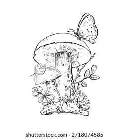 Composición botánica del bosque de Taiga. Hongos, hojas, bayas, musgo y una mariposa dibujados a mano. Bueno para impresiones botánicas, empaques, etiquetas, libros, carteles y diseños de naturaleza.