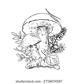 Composición botánica del bosque de Taiga. Hongos, hojas, bayas y musgo dibujados a mano. Bueno para impresiones botánicas, empaques, arte del tatuaje, etiquetas, libros, carteles y diseños de naturaleza.