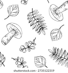 Taiga Forest Botanical pattern. Hand drawn mushrooms, leaves and berries. Clean black line art, vintage engraving style. Good for seamless patterns, textiles, packaging, stationery, wallpaper, prints.