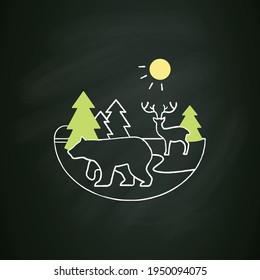 Taiga forest chalk icon. Boreal forest or the coniferous forest. Living place for dangerous and wild animals. Winter forest landscape.Isolated vector illustration on chalkboard