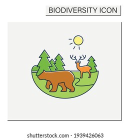 Taiga forest color icon. Boreal forest or the coniferous forest. Living place for dangerous and wild animals. Winter forest landscape. Biodiversity concept. Isolated vector illustration