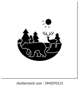 Taiga forest glyph icon. Boreal forest or the coniferous forest. Living place for dangerous and wild animals. Winter forest landscape.Filled flat sign. Isolated silhouette vector illustration