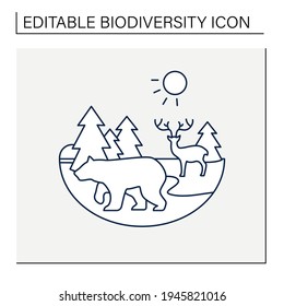 Taiga forest line icon. Boreal forest or the coniferous forest. Living place for dangerous and wild animals. Winter forest landscape. Biodiversity concept. Isolated vector illustration.Editable stroke