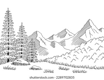 Taiga forest mountains hill graphic black white landscape sketch illustration vector