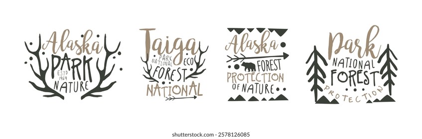 Taiga Forest National Park Eco Club Labels Vector Set