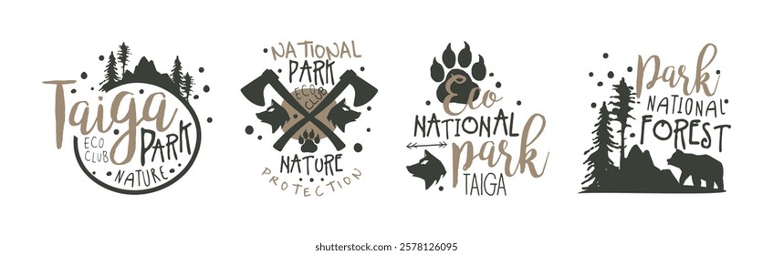 Taiga Forest National Park Eco Club Labels Vector Set